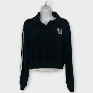 Victoria's Secret PINK Black Reverse Fleece Cropped Polo Sweatshirt L/XL